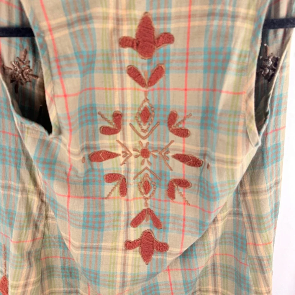 Kyla Seo Embroidered‎ Plaid Lagenlook Vest Small Green Brown Boho Fairygrunge